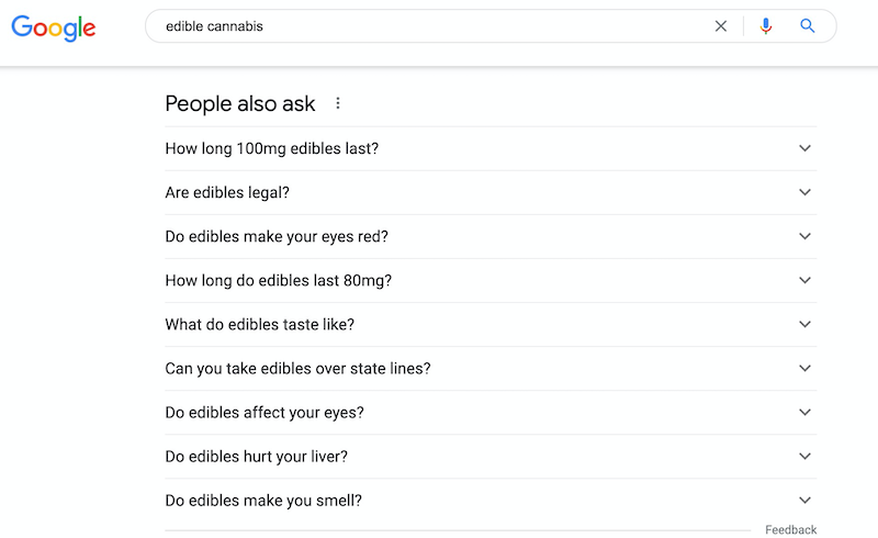 People Also Ask section on Google search results for a search on edible cannabis